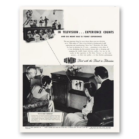 1947 DuMont Television Experience Counts Vintage Magazine Print Ad