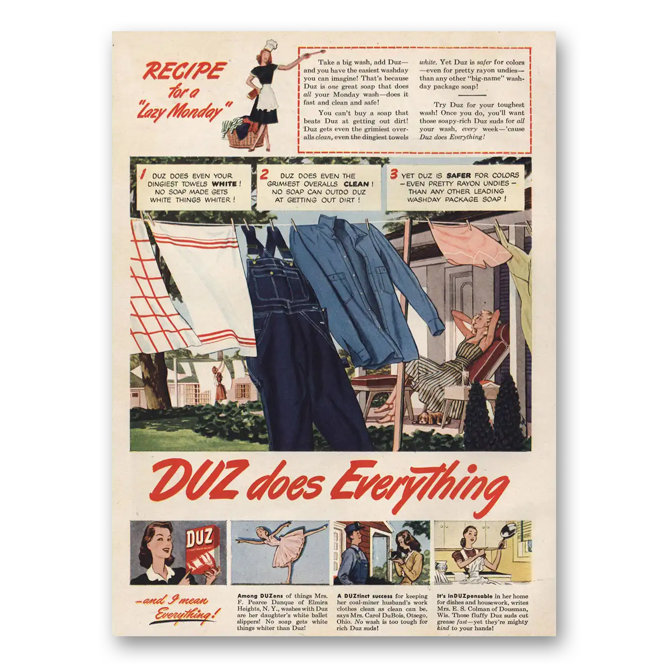 1947 Duz Detergent Recipe for Lazy Monday Vintage Magazine Print Ad