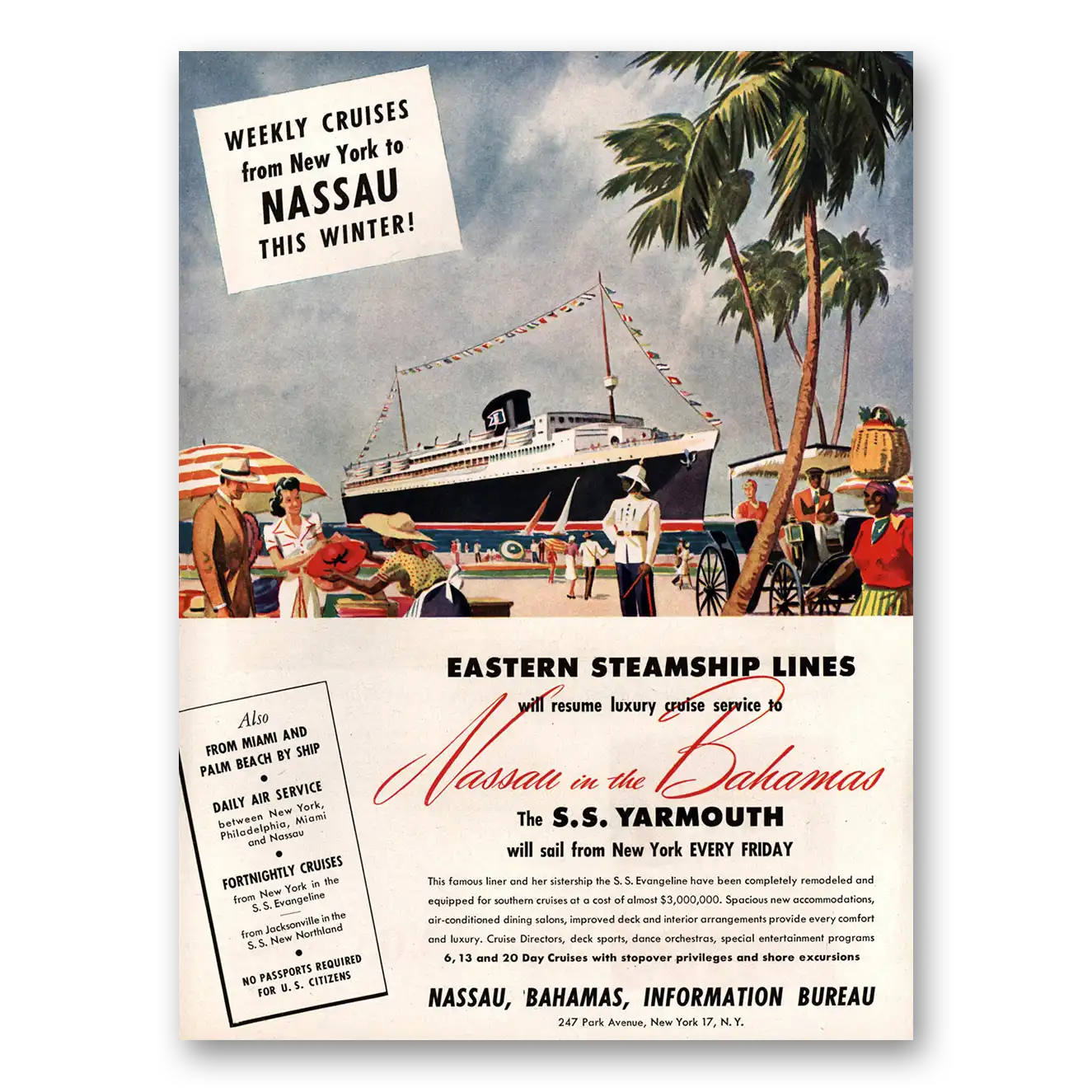 1947 Eastern Steamship Lines Nassau Bahamas SS Yarmouth Vintage Magazine Print Ad