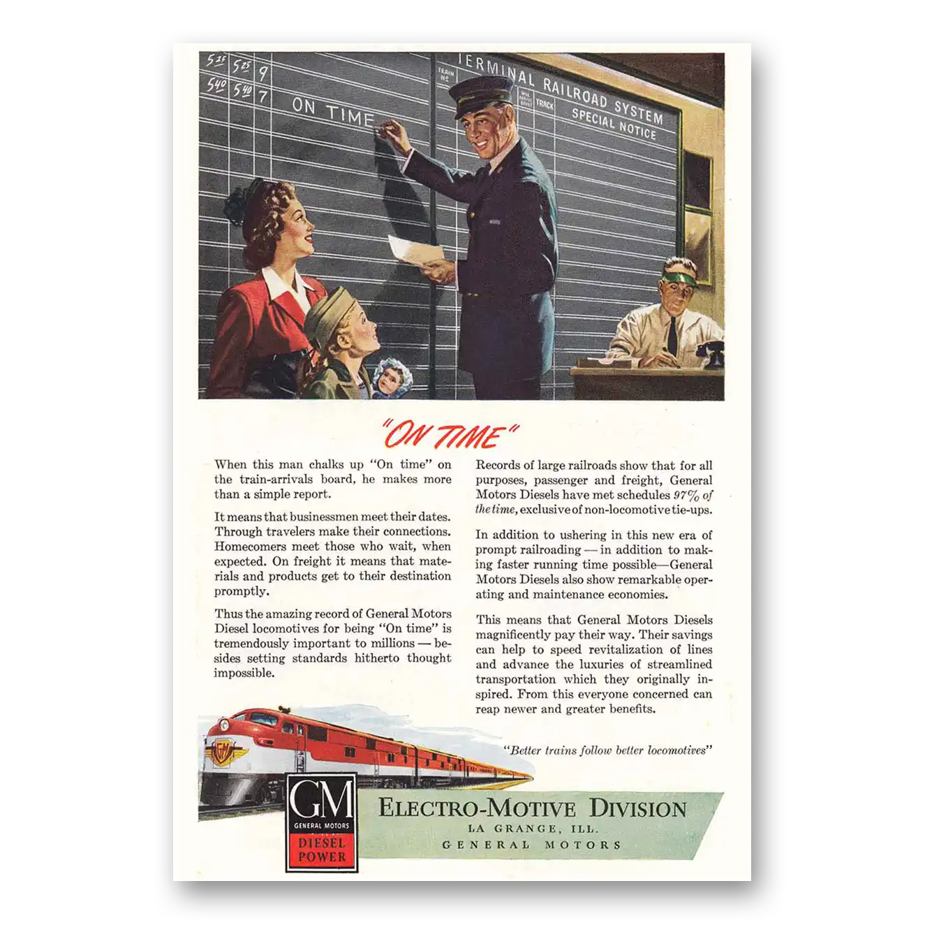 1947 GM Electro Motive Division On Time Vintage Magazine Print Ad