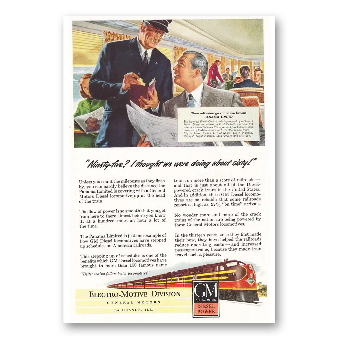 1947 GM Electro Motive Ninety Five I Thought We Were Doing About Sixty Vintage Magazine Print Ad