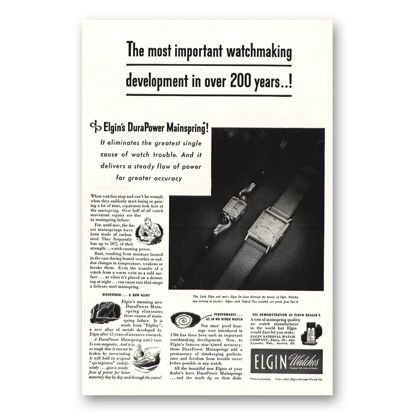 1947 Elgin Watch DuraPower Mainspring 200 Years Vintage Magazine Print Ad