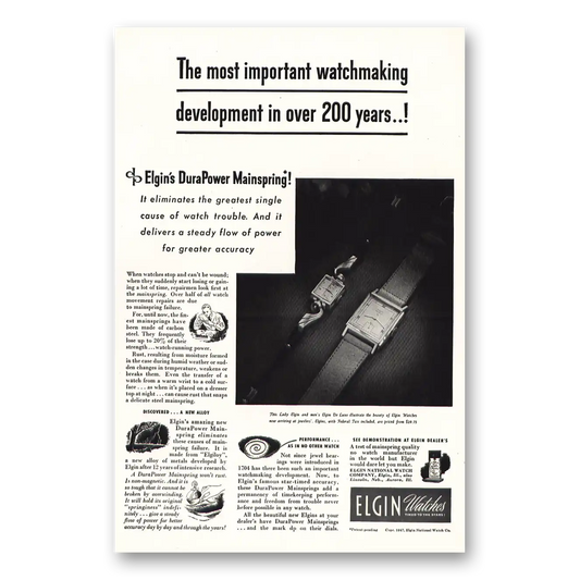 1947 Elgin Watch DuraPower Mainspring 200 Years Vintage Magazine Print Ad