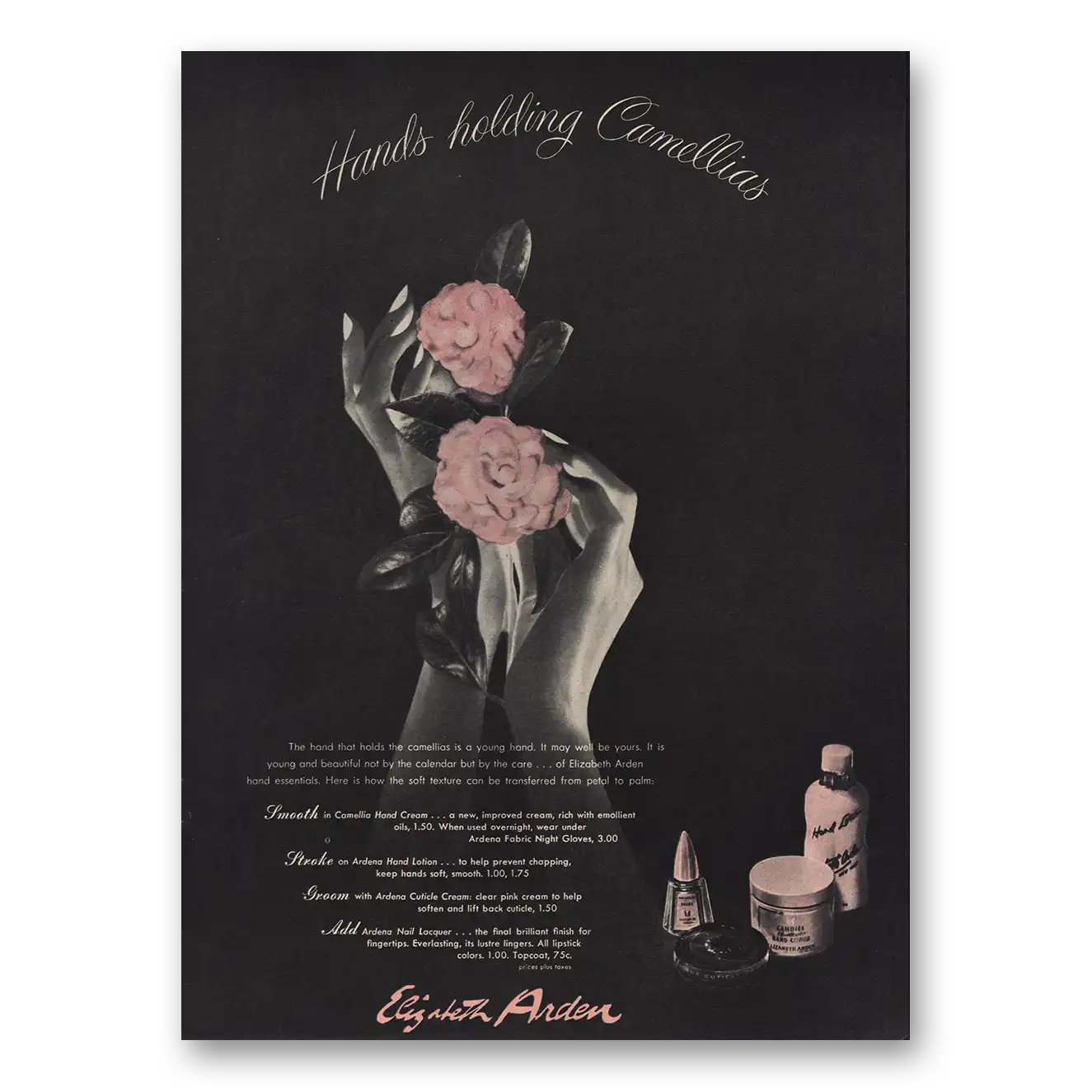 1947 Elizabeth Arden Hands Holding Camellias Vintage Magazine Print Ad