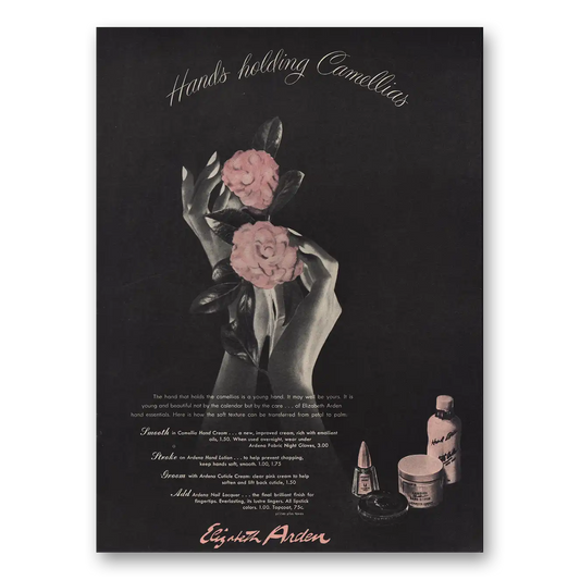 1947 Elizabeth Arden Hands Holding Camellias Vintage Magazine Print Ad