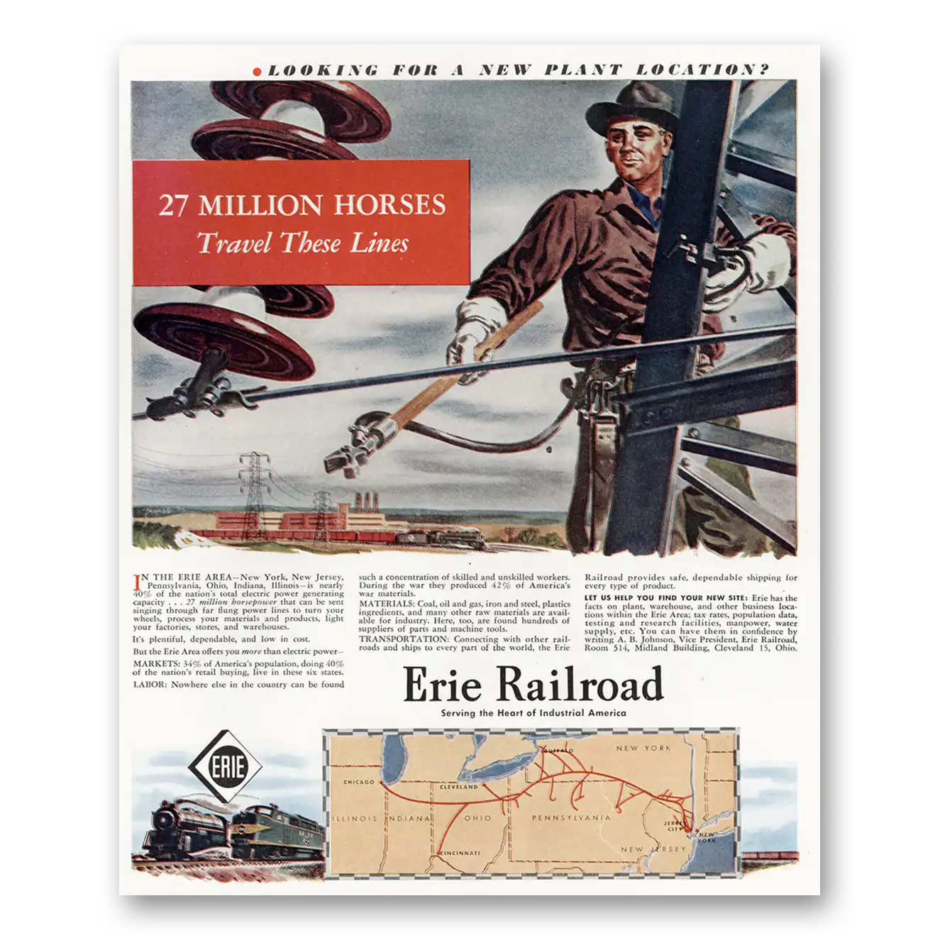 1947 Erie Railroad Million Horses Travel These Lines Vintage Magazine Print Ad