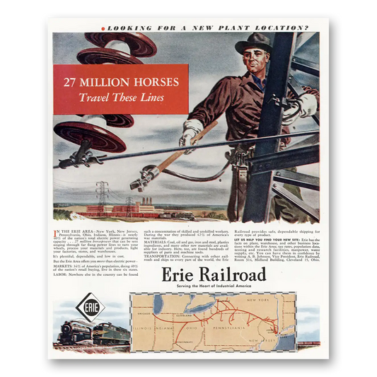 1947 Erie Railroad Million Horses Travel These Lines Vintage Magazine Print Ad