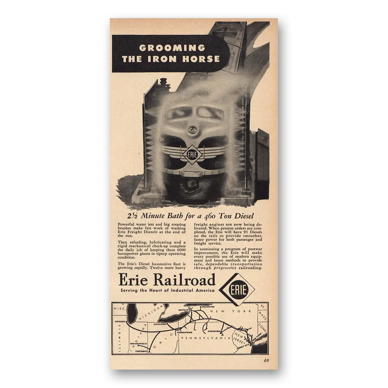 1947 Erie Railroad Grooming Iron Horse Vintage Magazine Print Ad