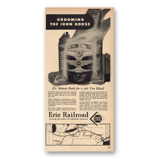 1947 Erie Railroad Grooming Iron Horse Vintage Magazine Print Ad