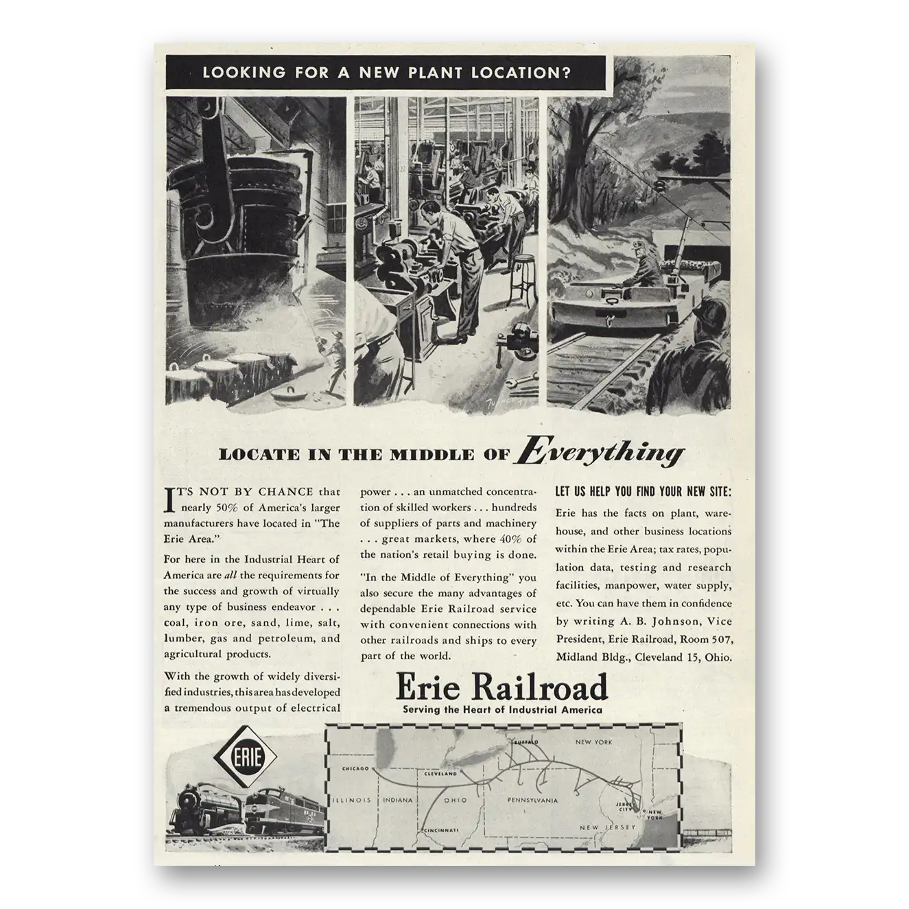 1947 Erie Railroad Locate Middle of Everything Vintage Magazine Print Ad