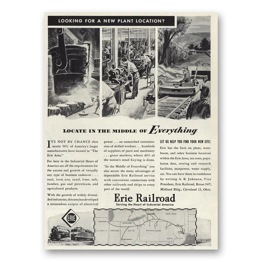 1947 Erie Railroad Locate Middle of Everything Vintage Magazine Print Ad