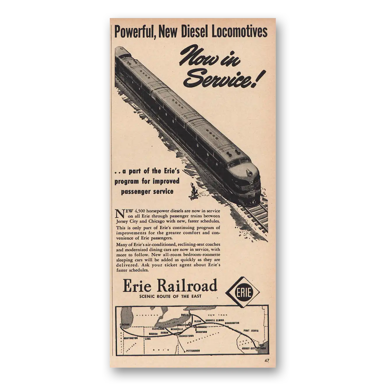 1947 Erie Railroad Diesel Locomotives Vintage Magazine Print Ad