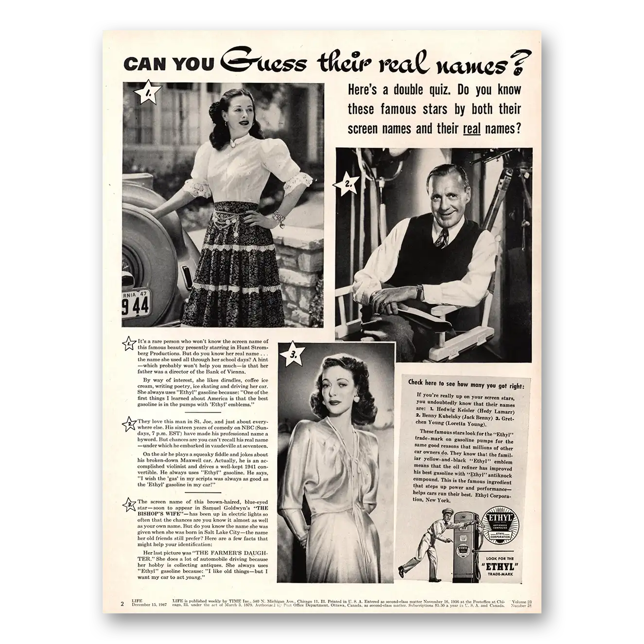 1947 Ethyl Gasoline Guess Their Real Names Hedy Lamarr and Jack Benny Vintage Magazine Print Ad