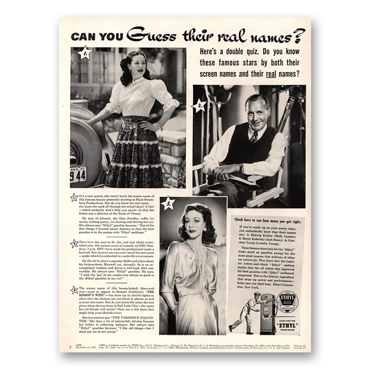 1947 Ethyl Gasoline Guess Their Real Names Hedy Lamarr and Jack Benny Vintage Magazine Print Ad