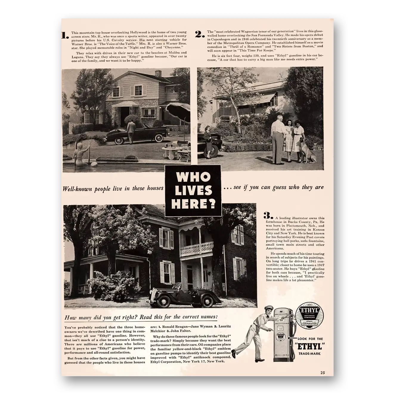 1947 Ethyl Gasoline Who Lives Here Vintage Magazine Print Ad