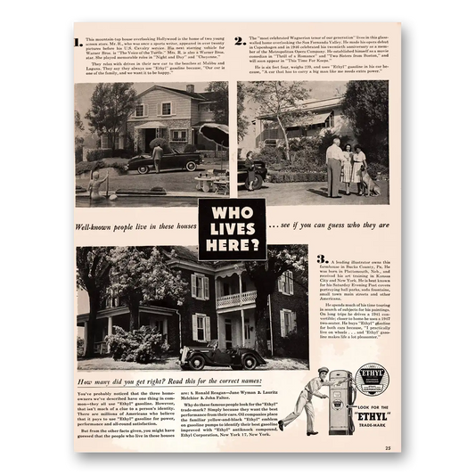 1947 Ethyl Gasoline Who Lives Here Vintage Magazine Print Ad