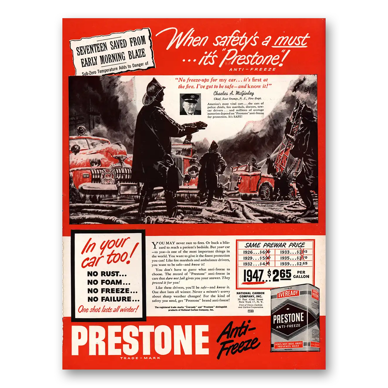 1947 Eveready Prestone Seventeen Saved Early Morning Blaze Vintage Magazine Print Ad