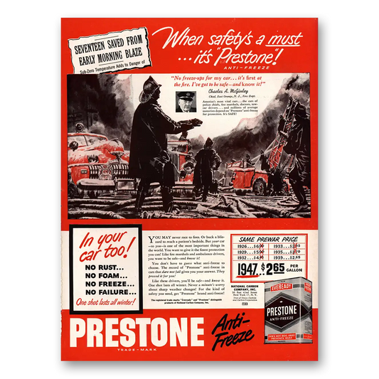 1947 Eveready Prestone Seventeen Saved Early Morning Blaze Vintage Magazine Print Ad