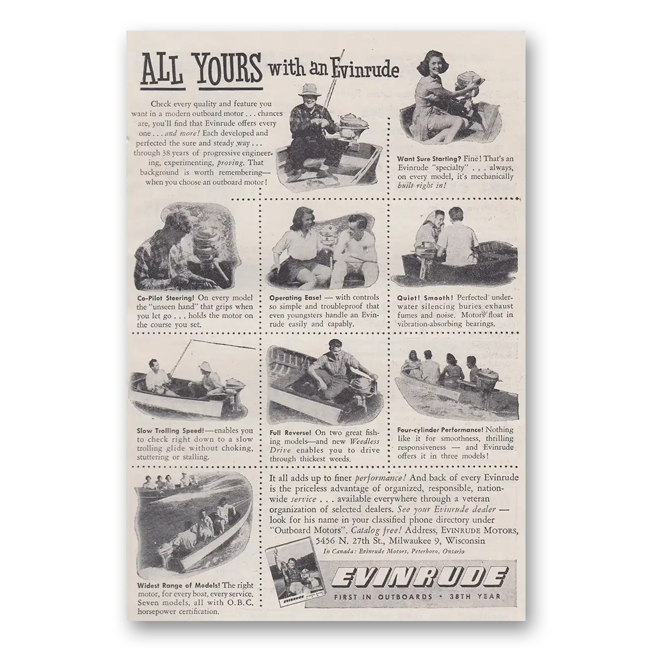 1947 Evinrude All Yours With an Evinrude Vintage Magazine Print Ad