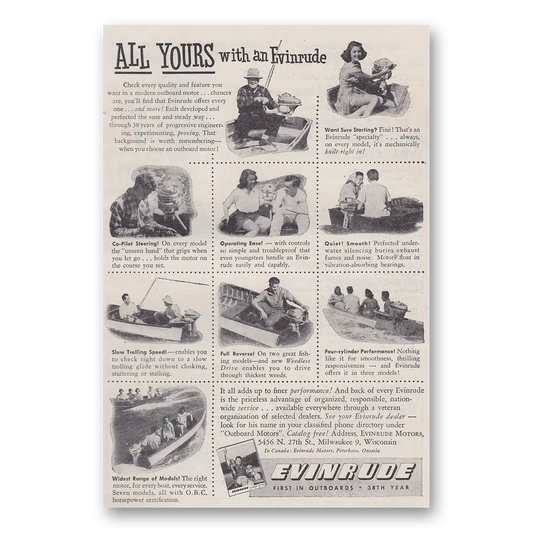 1947 Evinrude All Yours With an Evinrude Vintage Magazine Print Ad