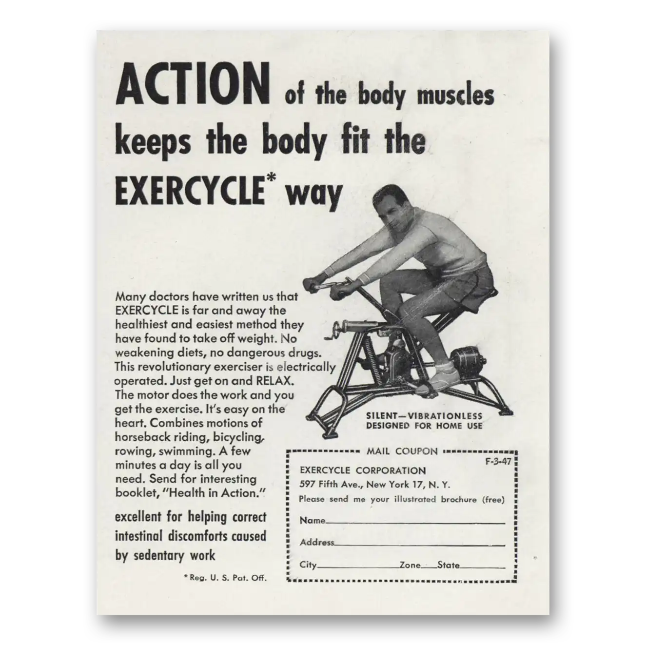 1947 Exercycle Action of the Body Muscles Vintage Magazine Print Ad