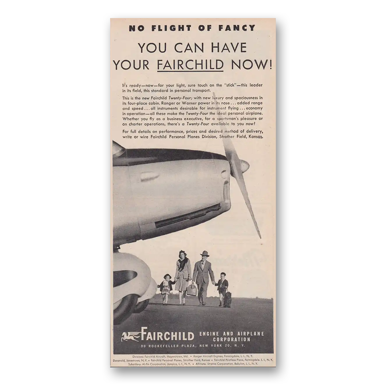 1947 Fairchild Engine No Flight of Fancy Vintage Magazine Print Ad