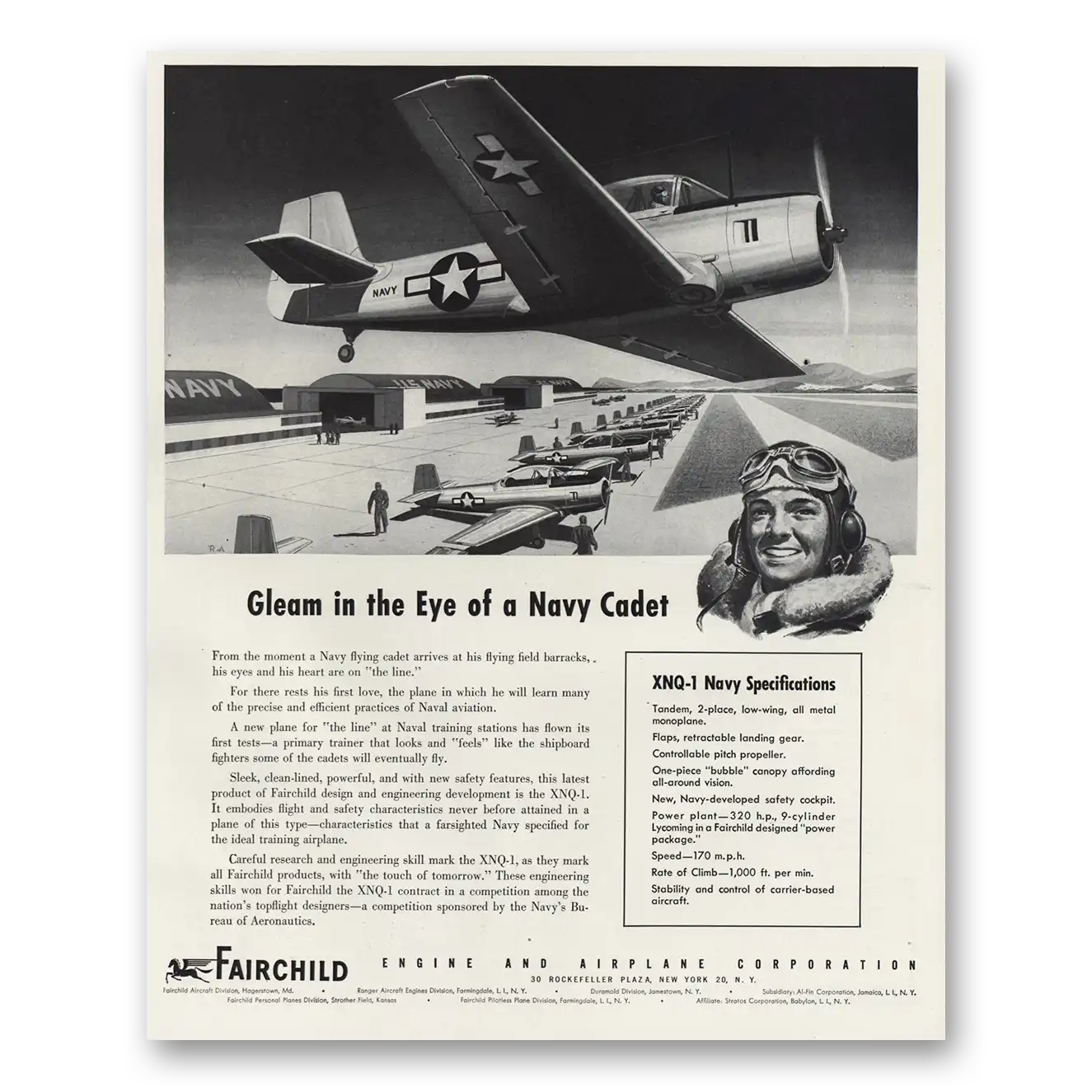 1947 Fairchild Engine Gleam In Eye of Navy Cadet Vintage Magazine Print Ad