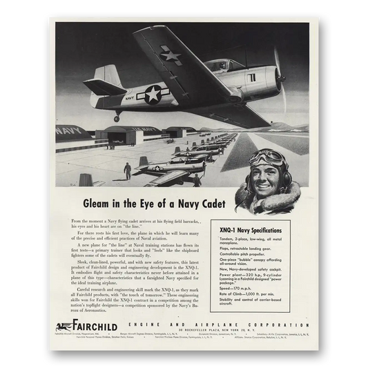 1947 Fairchild Engine Gleam In Eye of Navy Cadet Vintage Magazine Print Ad