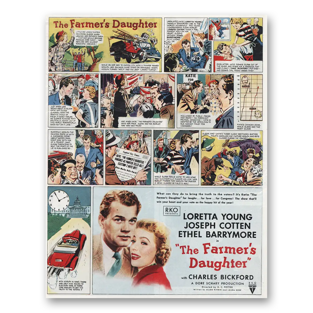 1947 Farmers Daughter Movie Promo Loretta Young Joseph Cotten, and Ethyl Barrymore Vintage Magazine Print Ad