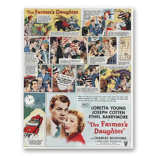 1947 Farmers Daughter Movie Promo Loretta Young Joseph Cotten, and Ethyl Barrymore Vintage Magazine Print Ad