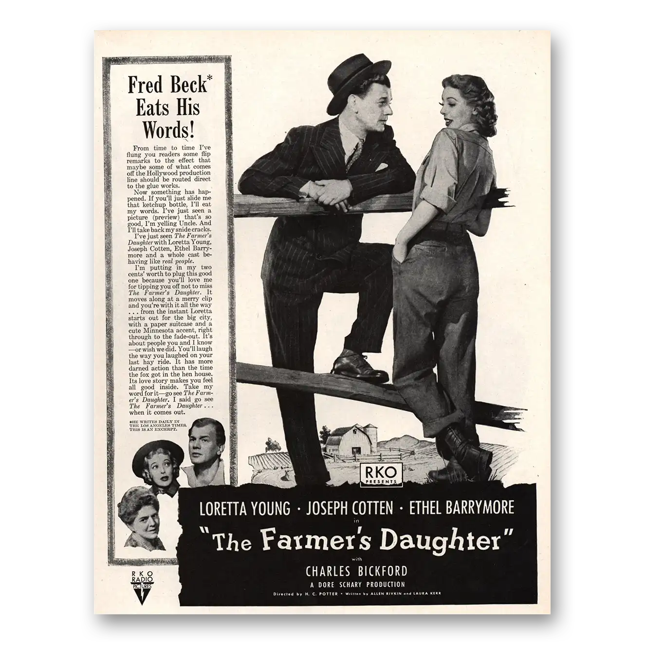 1947 Farmers Daughter Movie Promo Loretta Young Joseph Cotten and Ethel Barrymore Vintage Magazine Print Ad