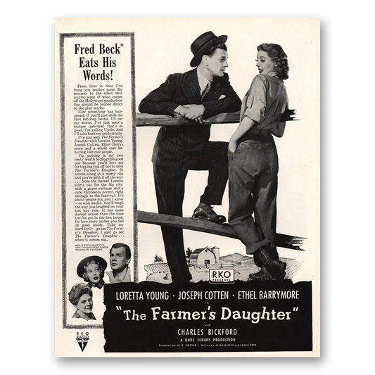 1947 Farmers Daughter Movie Promo Loretta Young Joseph Cotten and Ethel Barrymore Vintage Magazine Print Ad