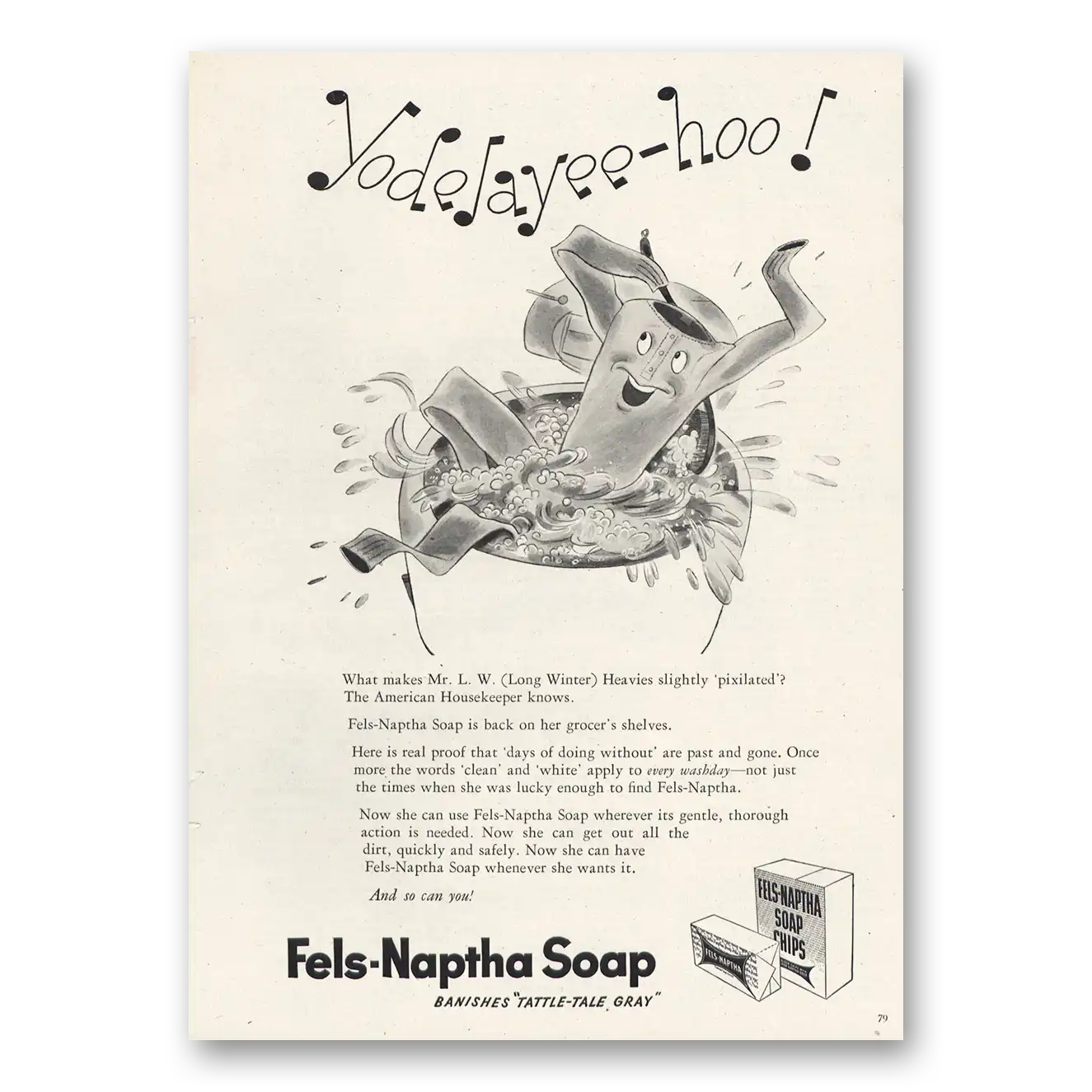 1947 Fels Napatha Soap Yodelayee Hoo Vintage Magazine Print Ad