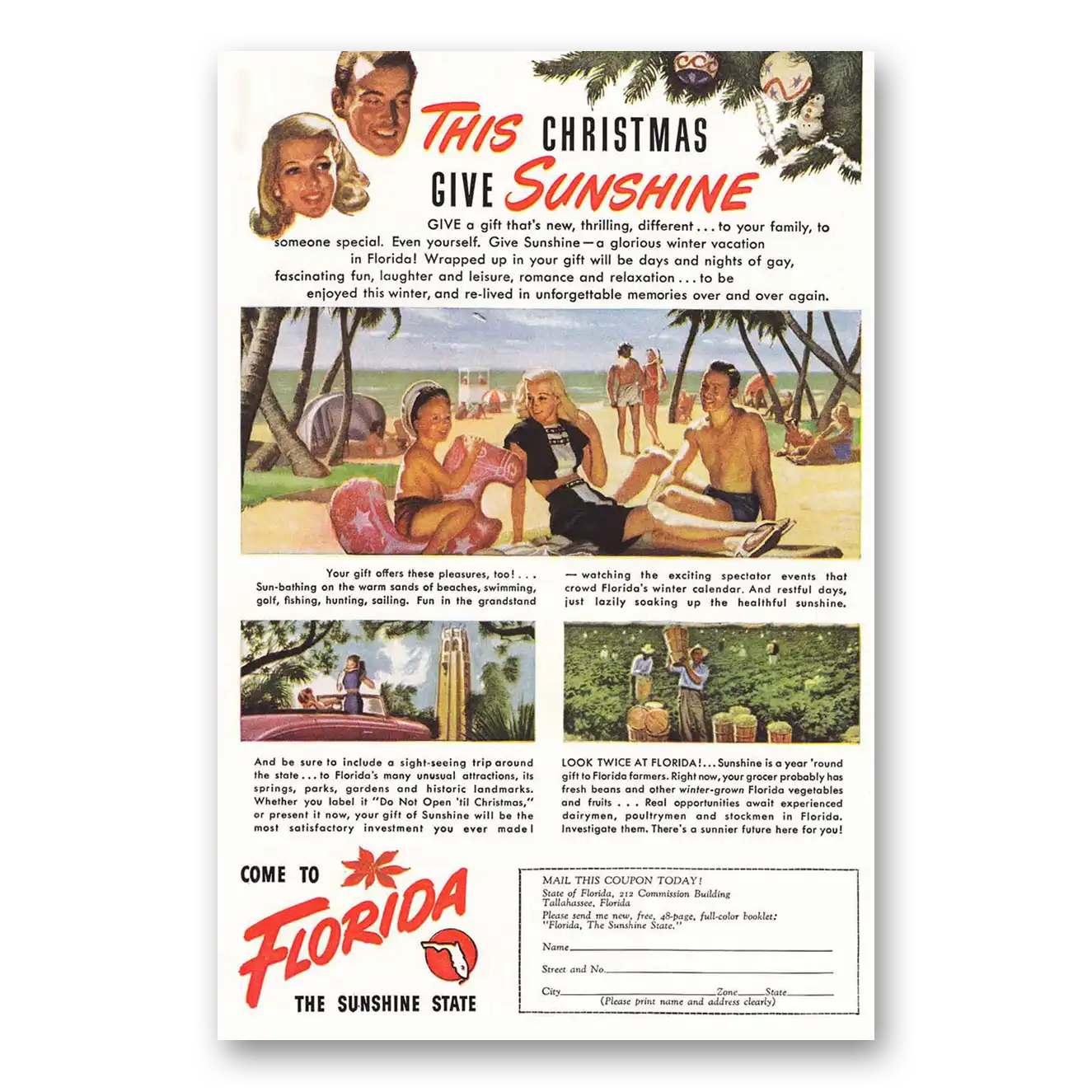 1947 Florida This Christmas Give Sunshine Vintage Magazine Print Ad