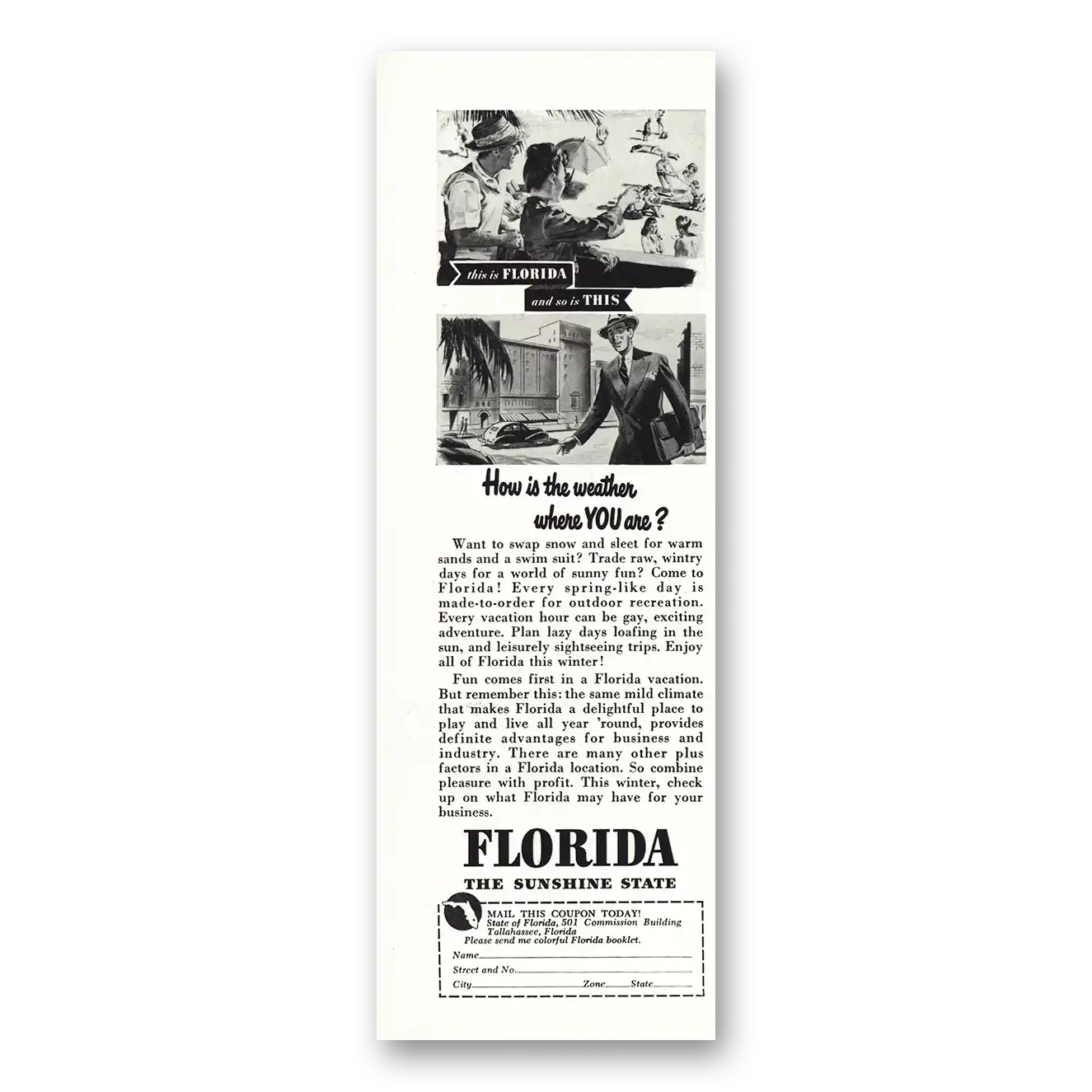 1947 Florida How is the Weather Vintage Magazine Print Ad