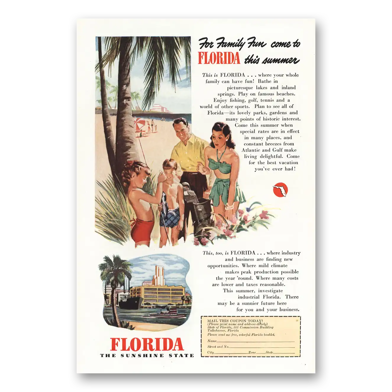 1947 Florida For Family Fun Come to Florida Vintage Magazine Print Ad