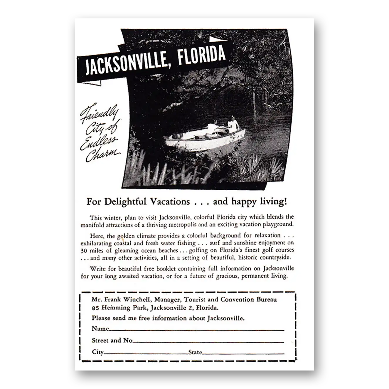 1947 Jacksonville Florida For Delightful Vacations and Happy Living Vintage Magazine Print Ad