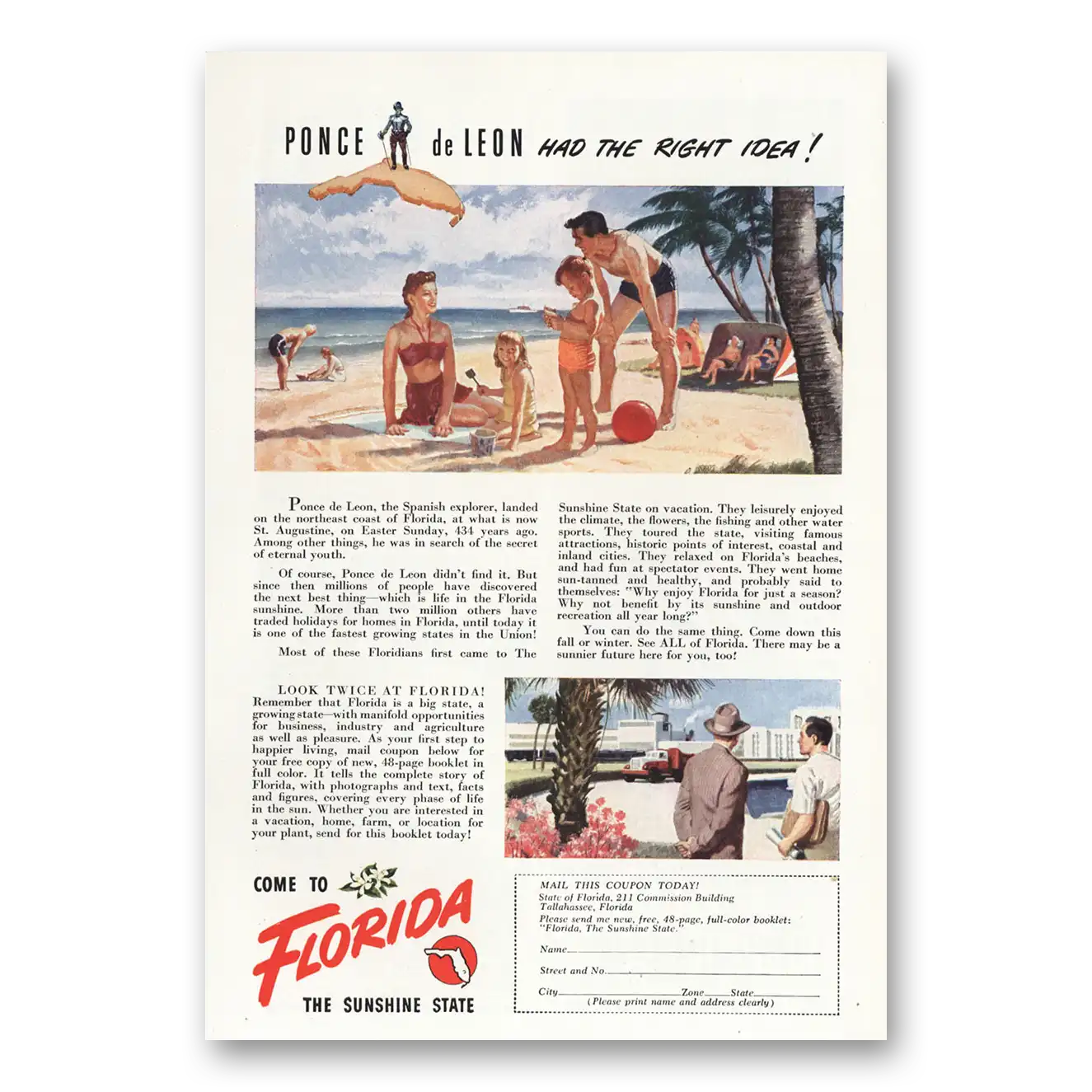 1947 Florida Ponce de Leon Had the Right Idea Vintage Magazine Print Ad