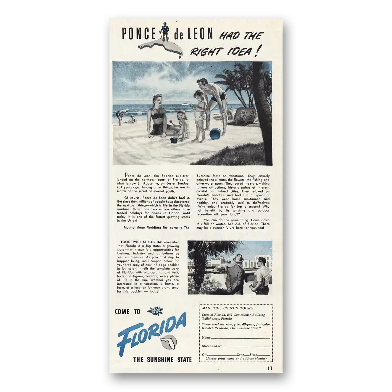 1947 Florida Ponce de Leon Right Idea Vintage Magazine Print Ad