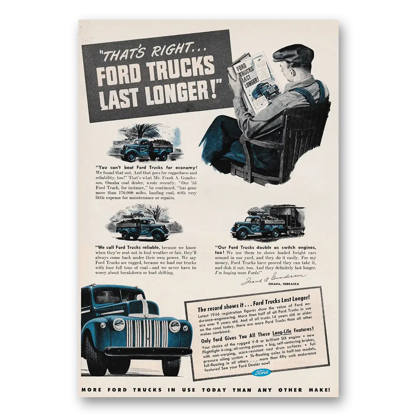 1947 Ford Trucks Thats Right Ford Trucks Last Longer Vintage Magazine Print Ad