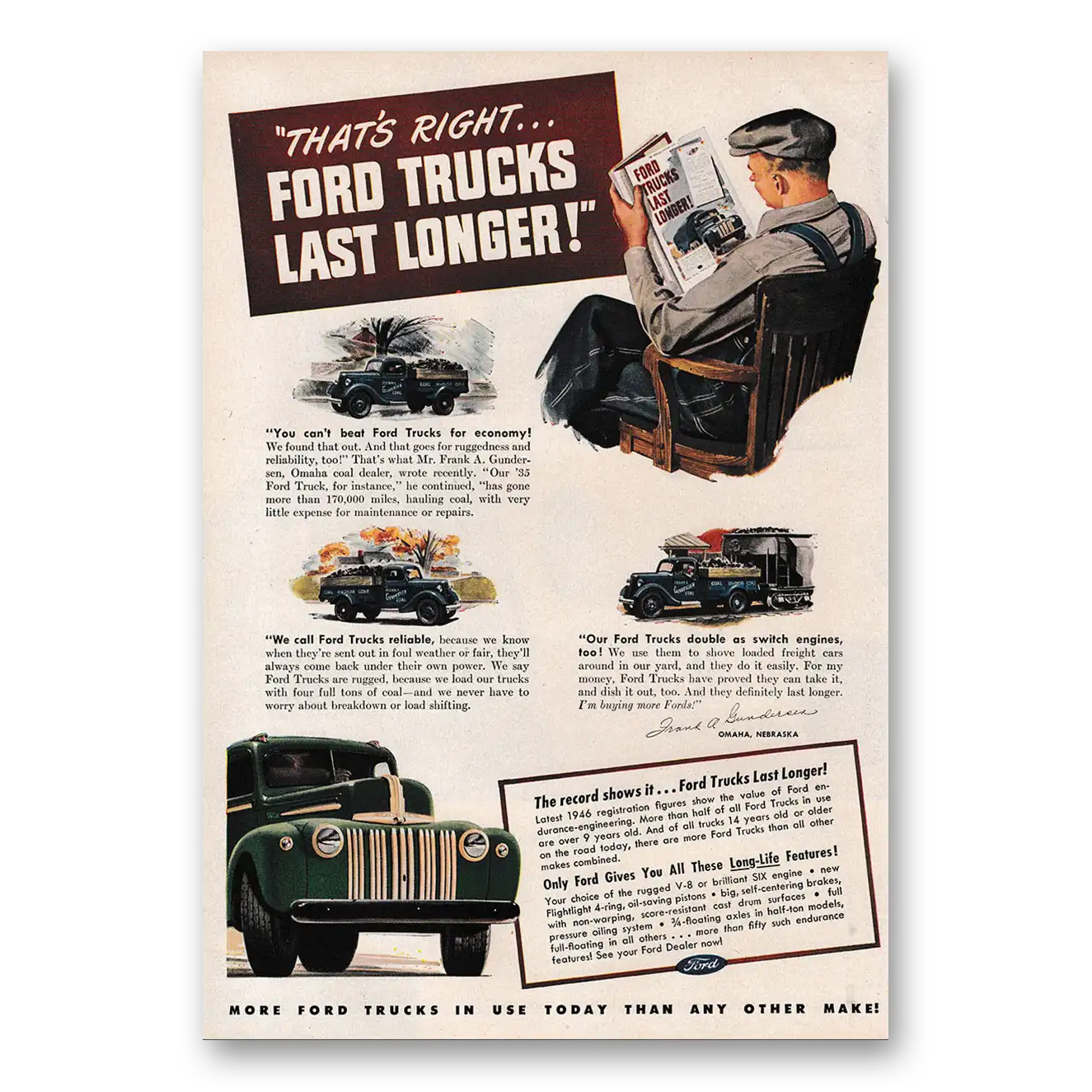 1947 Ford Trucks Last Longer Frank Gundersen Vintage Magazine Print Ad