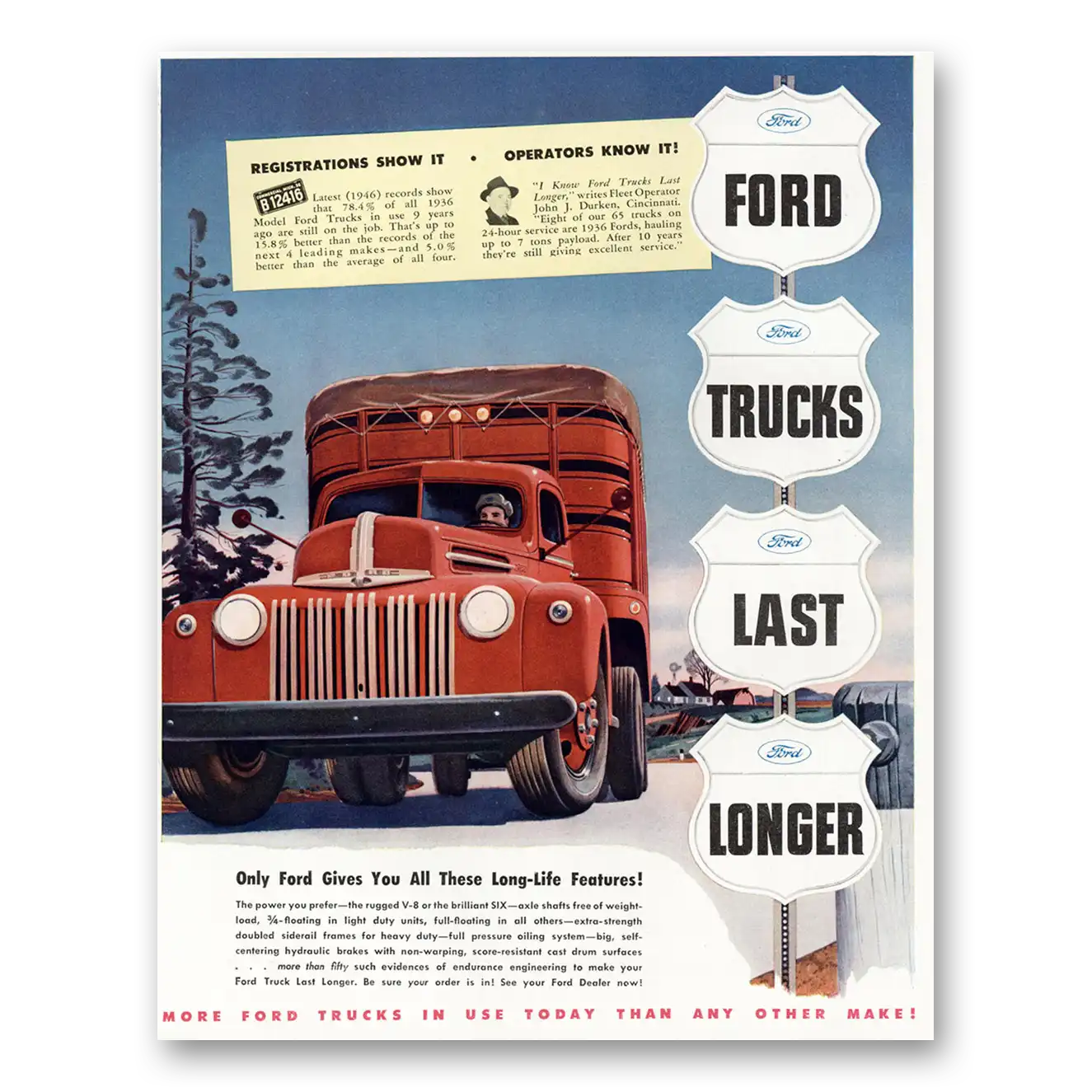 1947 Ford Trucks Long Life Features Vintage Magazine Print Ad