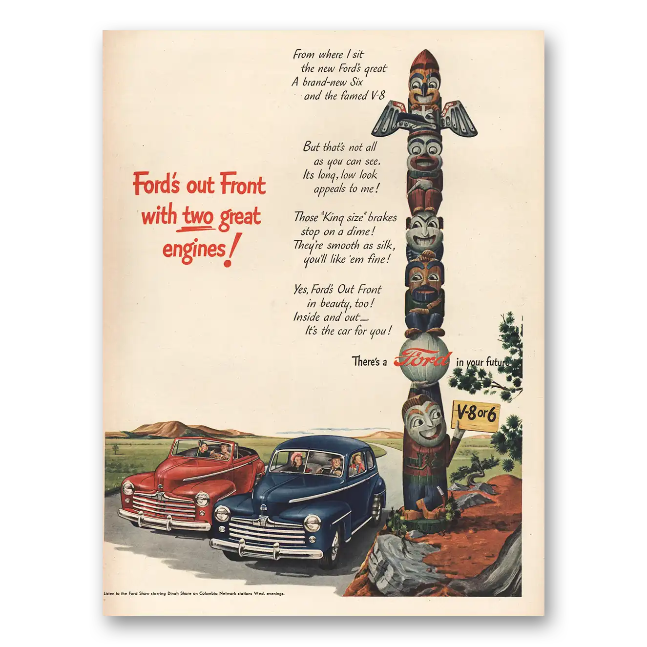 1947 Ford Two Great Engines Totem Pole Vintage Magazine Print Ad