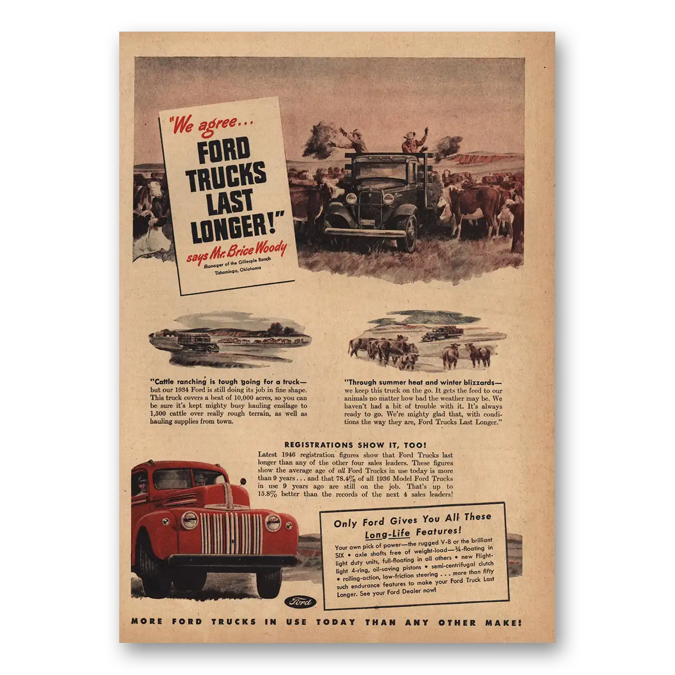 1947 Ford Trucks Last Longer Vintage Magazine Print Ad