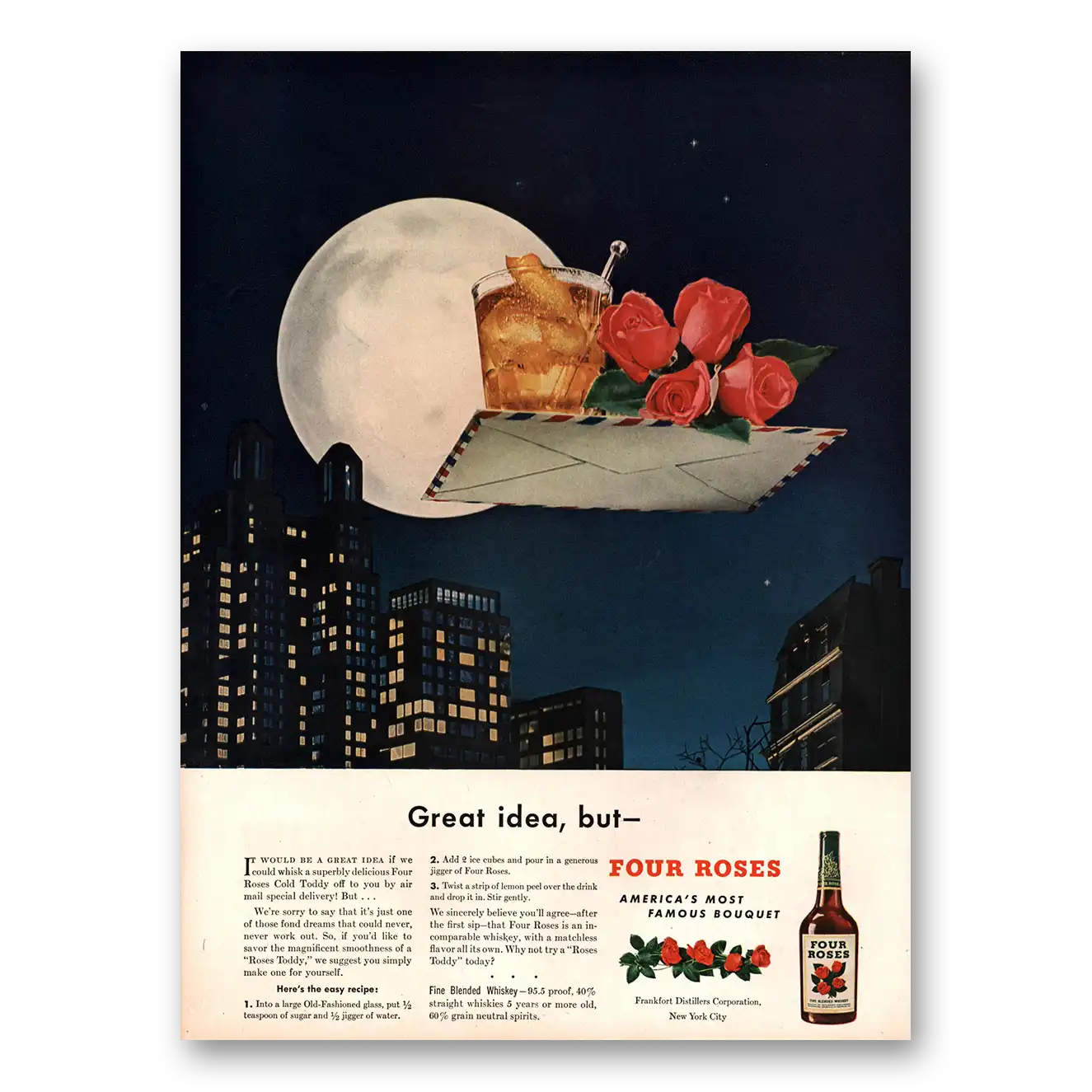 1947 Four Roses Letter Moon Skyline Vintage Magazine Print Ad