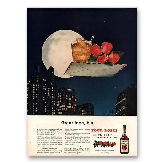 1947 Four Roses Letter Moon Skyline Vintage Magazine Print Ad