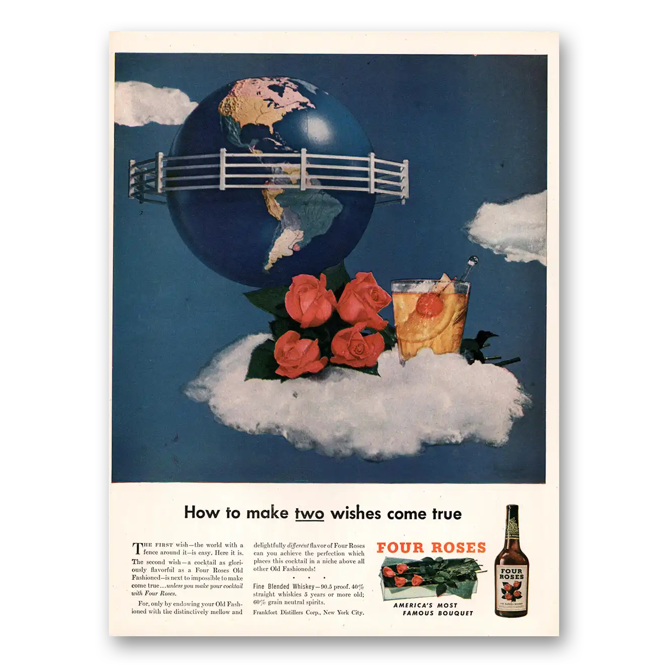 1947 Four Roses Make Two Wishes Come True Vintage Magazine Print Ad