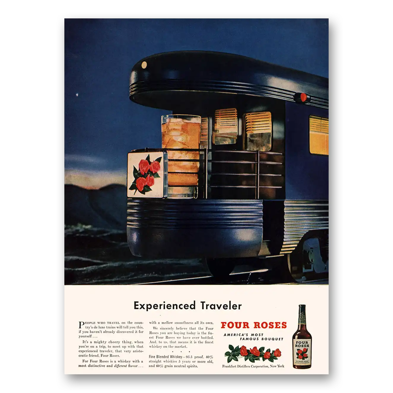 1947 Four Roses Experienced Traveler Train Vintage Magazine Print Ad