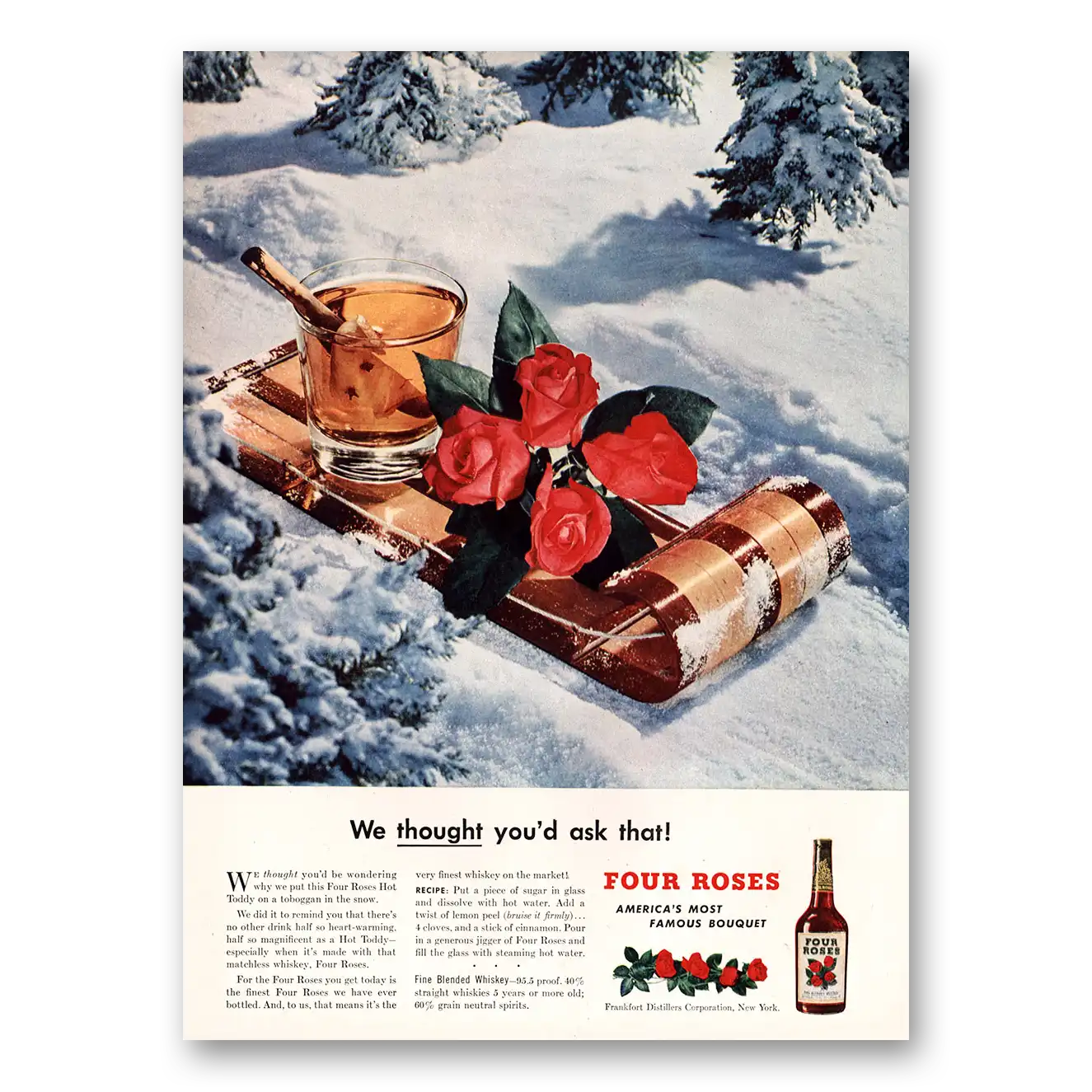 1947 Four Roses Thought You'd Ask Sled Vintage Magazine Print Ad