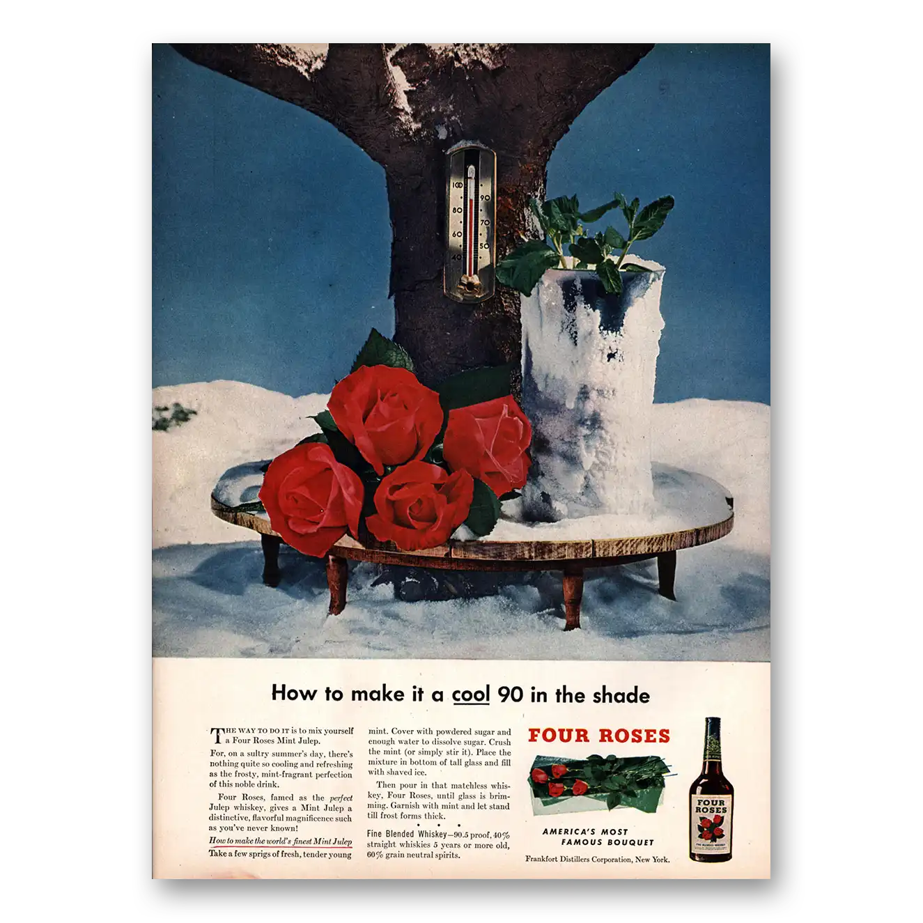 1947 Four Roses  Cool 90 In the Shade Vintage Magazine Print Ad